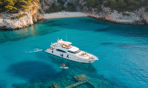 An aerial view of a luxury yacht anchored in a secluded, turquoise-water bay with pine-covered cliffs and a small beach, with a person paddleboarding near underwater ruins.
