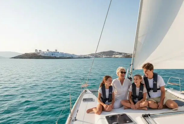 A happy family wearing life jackets, smiles while sitting on the deck of a sailing yacht with the beautiful Mykonos coastline and windmills in the background under a clear sky.