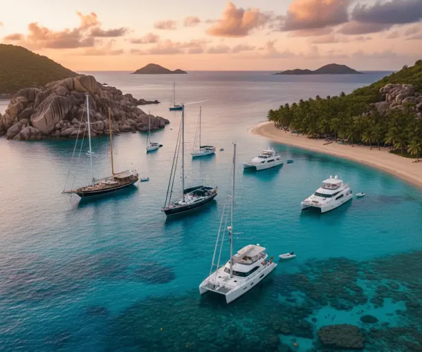 A high-angle view of several luxury yachts and catamarans anchored in a crystal-clear turquoise bay at sunset. The scene features lush tropical islands with palm-fringed beaches, large granite rock formations, and visible coral reefs beneath the water's surface.