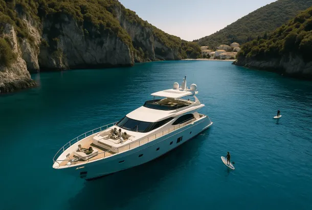 Luxury yacht anchored in a secluded turquoise bay in the Ionian Islands, with guests relaxing on deck and a crew member preparing lunch.