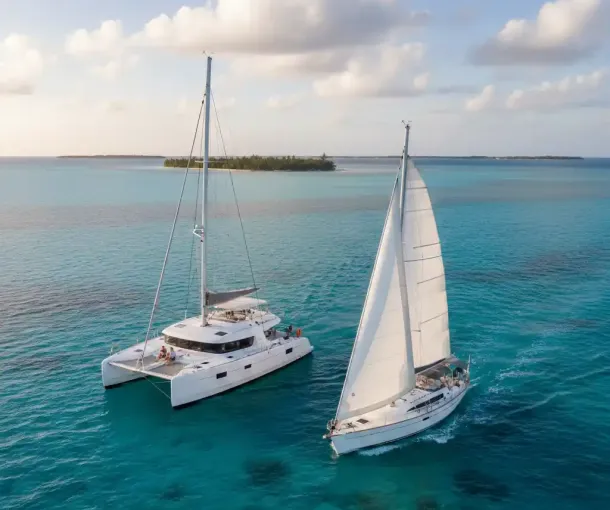 An aerial view of a white catamaran and a white monohull sailboat sailing side-by-side on clear turquoise waters, with a tropical island in the background under a partly cloudy sky at sunset.