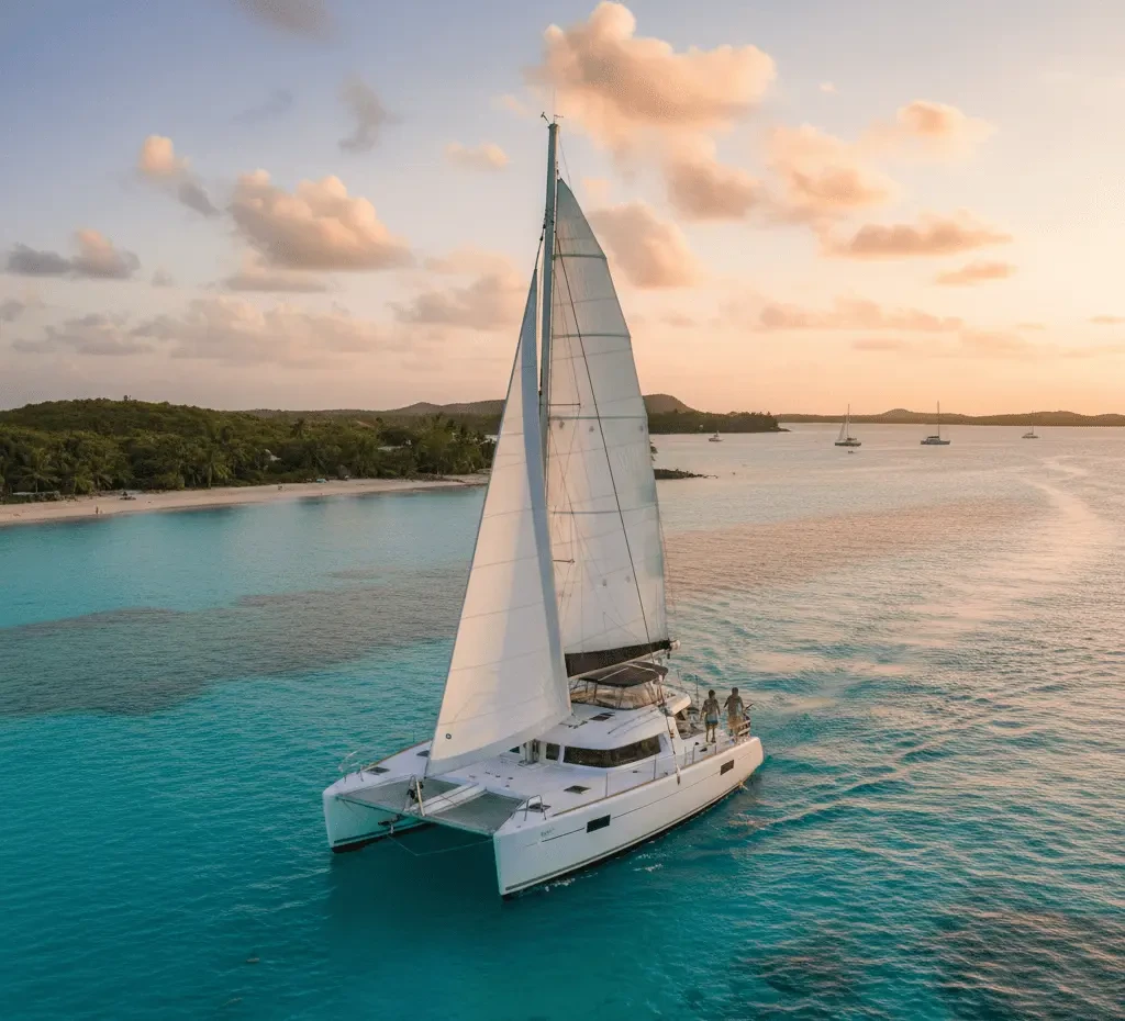 A high-angle, realistic shot of a modern white sailing catamaran gliding through crystal-clear turquoise Caribbean waters near a lush tropical island beach at golden hour.