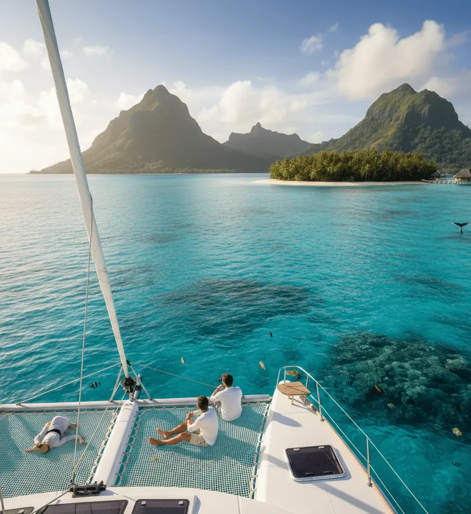 An aerial shot from the deck of a sailing catamaran anchored in a tropical lagoon with crystal-clear turquoise water. Two people sit on the forward netting overlooking a vibrant coral reef, while lush green volcanic mountains and a small palm-fringed island rise in the background under a clear blue sky.