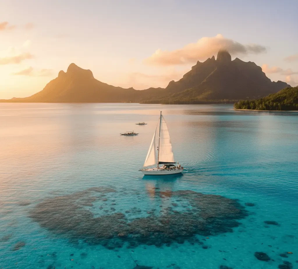 A white sailing yacht glides through a crystal-clear turquoise lagoon in French Polynesia at sunset, with a large manta ray visible beneath the water's surface and the iconic lush, volcanic peaks of Bora Bora in the background.