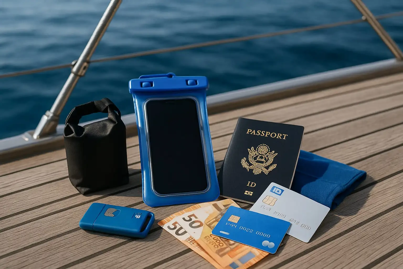 Close-up of passport, waterproof phone case, dry bag, credit cards, and euro cash laid out on a yacht deck with the ocean in the background.