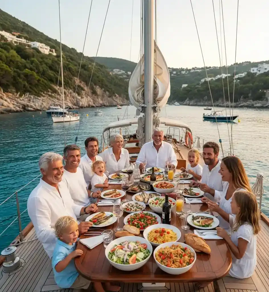 A large, multi-generational family—grandparents, parents, and young children—laughing and sharing a Mediterranean-style meal on the wooden deck of a sailing yacht. They are seated around a long table filled with pasta, salads, and fresh bread. The yacht is anchored in a calm, scenic bay surrounded by lush green hills and a clear blue sky at sunset.