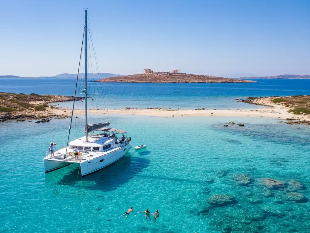 An aerial view of a catamaran anchored in the clear turquoise waters near a sandy beach, with people swimming and an ancient ruin visible on a distant island.