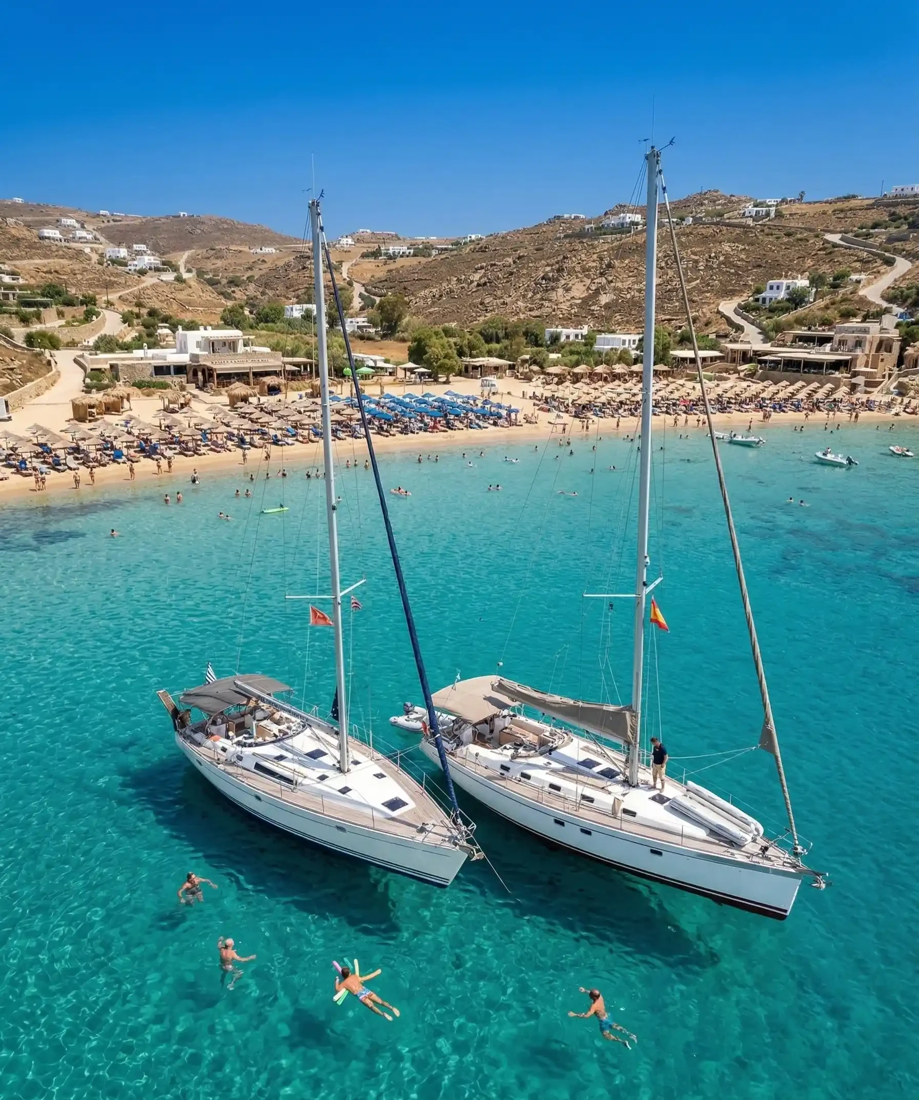An aerial view of two sailing yachts in the crystal-clear turquoise waters off the coast of Mykonos, with people enjoying swimming and water sports around it. In the background, Super Paradise beach with its iconic bar restaurant and sunbeds can be seen.